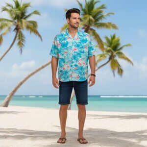 Hawaiian Flamingo Print Button Down Short Sleeve Shirt